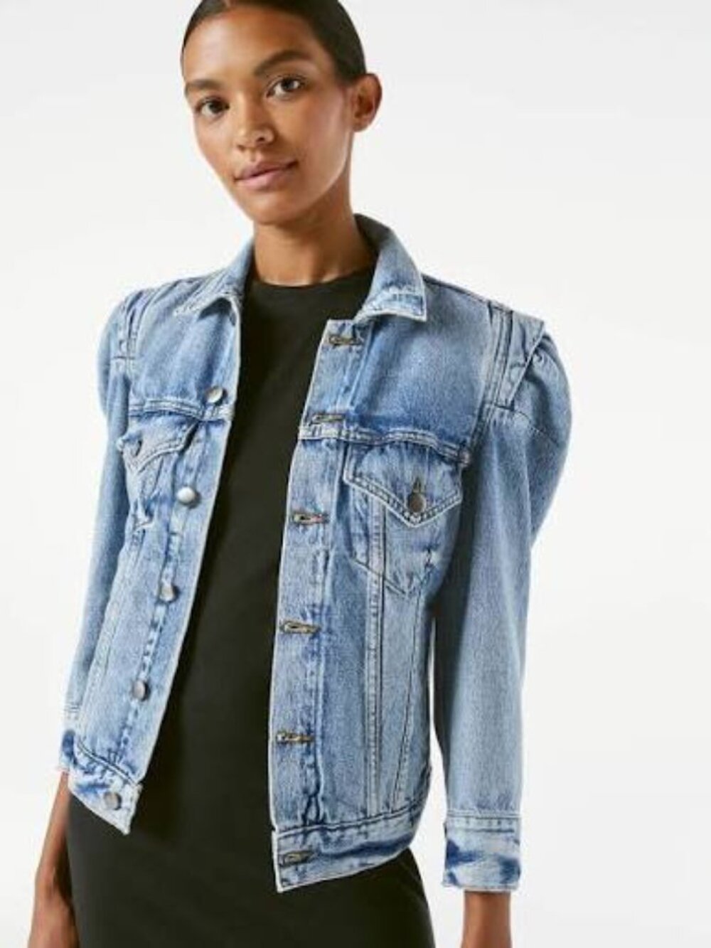 FRAME Light Wash Puff Shoulder Denim Jean Jacket Size L - Picture 6 of 8